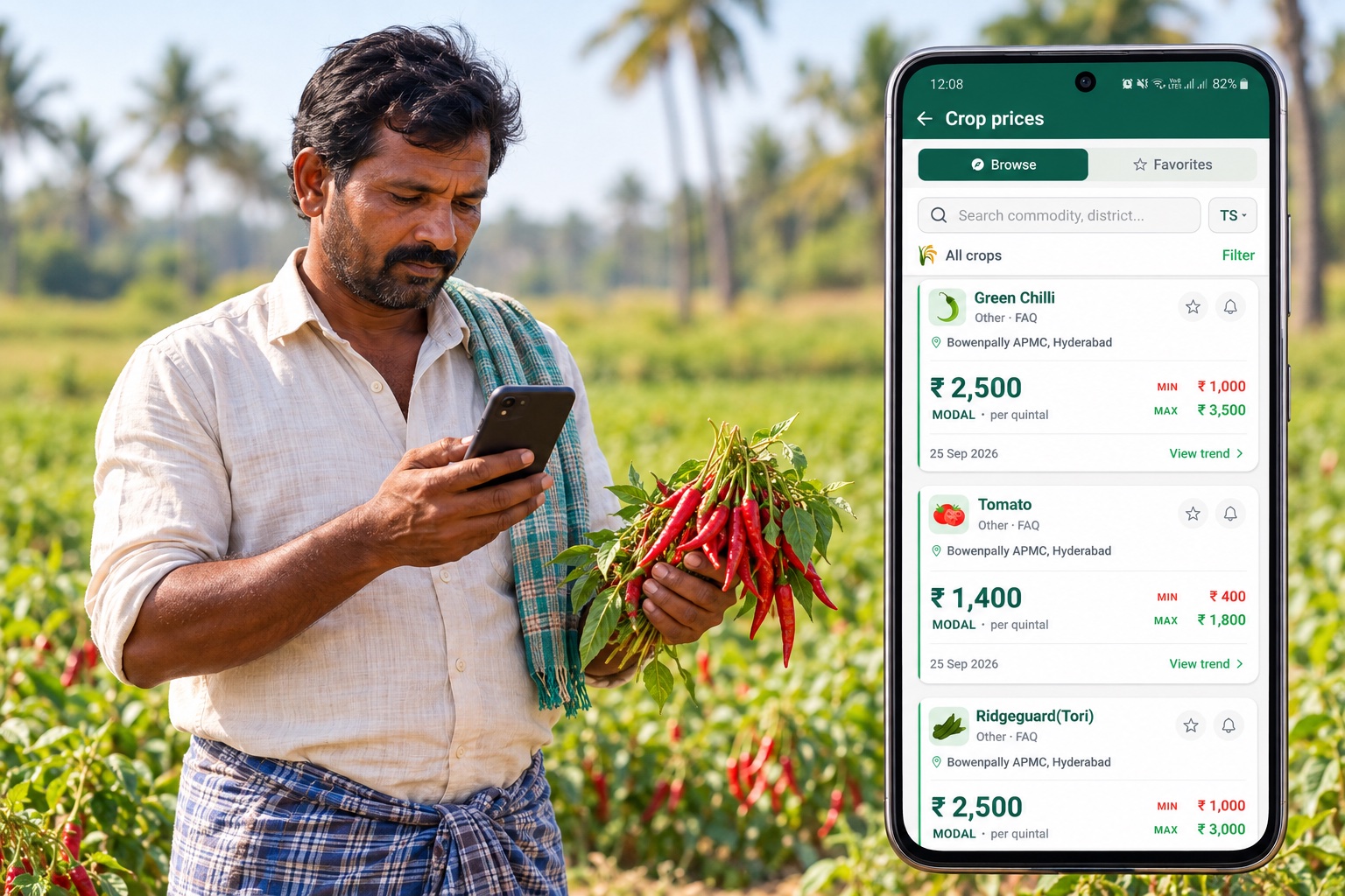 A farmer holding freshly picked chillies while checking live mandi prices on the Crop Prices app