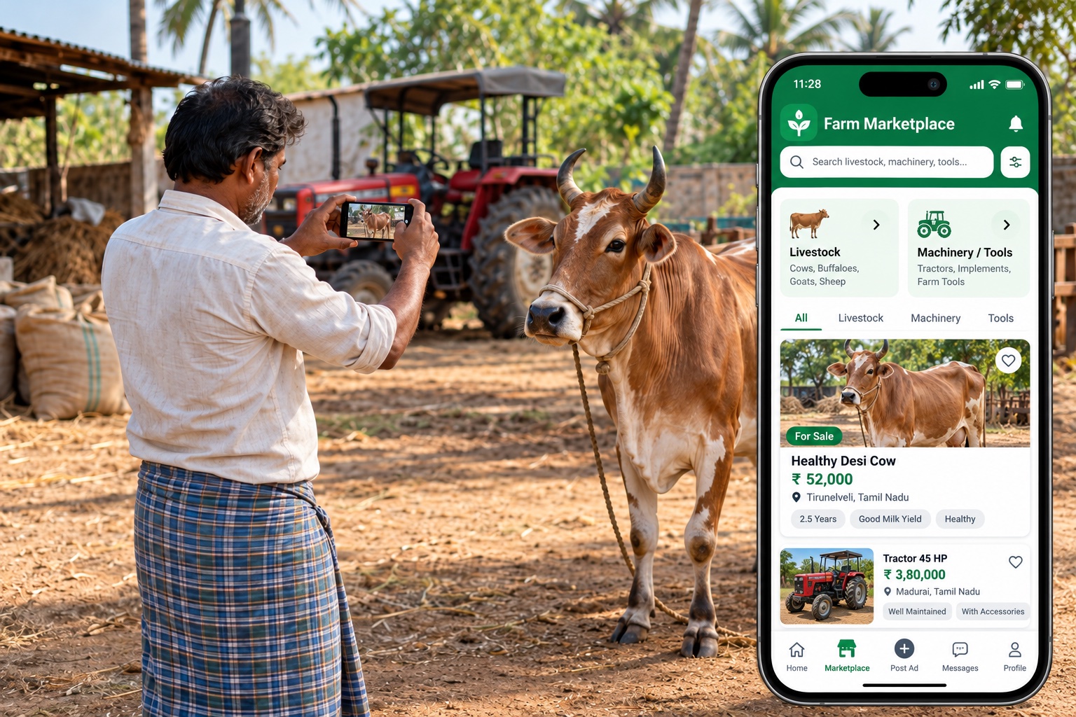 A farmer photographing his cow to list it on the Marketplace, with a tractor for sale in the background