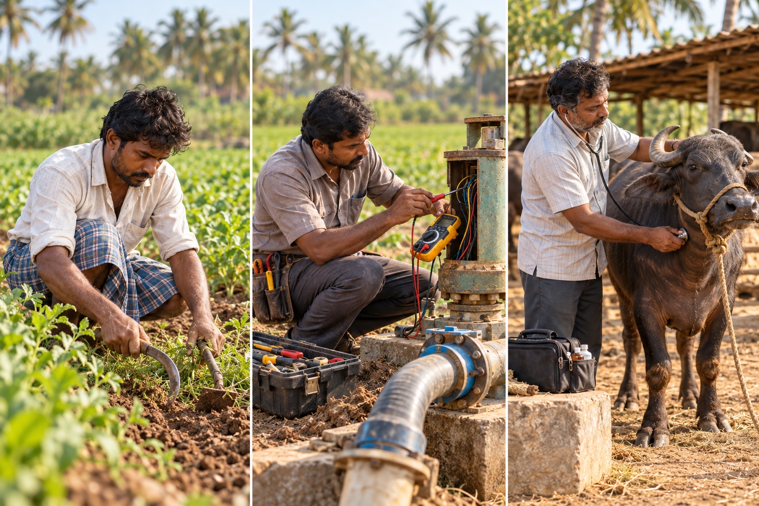 A farm worker tending crops, an electrician repairing a borewell motor, and a veterinarian examining a buffalo